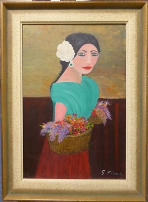 Lot 2181 - George Pinder (1894-1984) 'The Flower Girl' Signed, inscribed verso and dated 1972, oil on...
