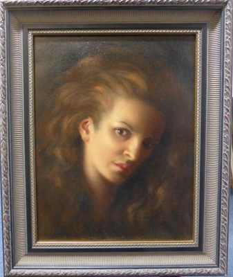 Lot 2182 - Jamie Rotheram (Contemporary)   A head and shoulders portrait of a lady Oil on canvas, 43cm by...
