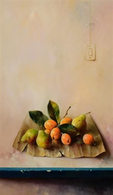 Lot 2190 - Jose Manuel Reyes (b.1963) Spanish Still life of plums and pears on brown paper Signed, oil on...