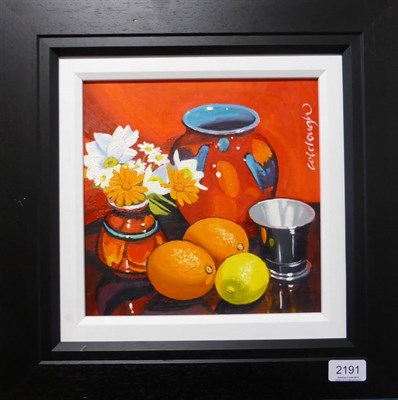 Lot 2191 - Frank Colclough (Contemporary) Scottish Still life of a vase of flowers, oranges, a lemon and...