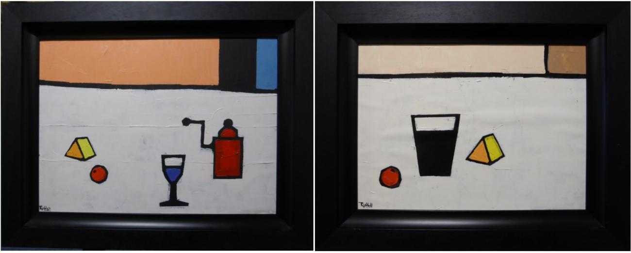 Lot 2193 - Colin Ruffell FRSA (b.1939) 'Cheese and Coffee Grinder'  'Cheese and Guinness' Each signed, oil...