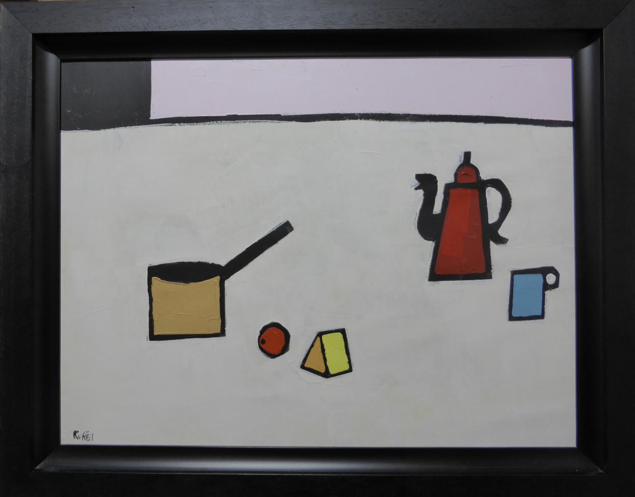 Lot 2194 - Colin Ruffell FRSA (b.1939) "Red Coffee Pot" Signed, oil on canvas laid onto board, 50cm by 66cm