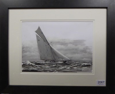 Lot 2067 - Stephen Reynard (b.1947) Yacht at full sail Signed, monochrome mixed media, 22cm by 30cm...