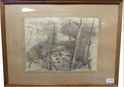 Lot 2069 - Rodrigo Moynihan RA (1910-1990) 'Brook at Sawbridgeworth'  Pencil and watercolour, 26.5cm by 36cm