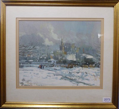 Lot 2073 - Robert King RSMA, RI (b.1936) Leicester Cathedral Garden in the snow Signed, gouache, 30cm by 38cm