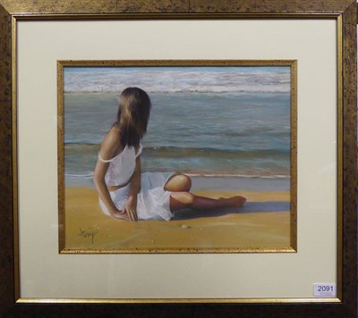 Lot 2091 - Domingo Alvarez Gomez (Contemporary) Girl seated beside the sea Signed, pastel, 32cm by 39cm...