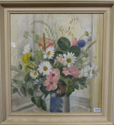 Lot 2093 - Peggy Wickham (1909-1978) 'Summer Flowers' Signed, bears artist's label verso, watercolour, 53cm by