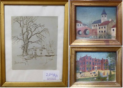 Lot 2098 - Josselin Bodley (1893-1974) Houses beside a bridge Signed, oil on board, vignette, together...