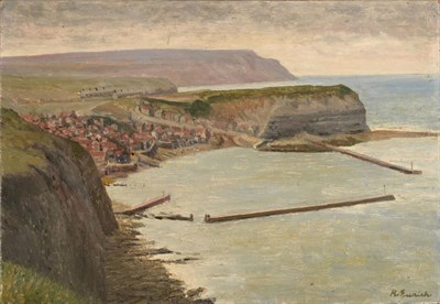 Lot 2117 - Richard Ernst Eurich RA, NEAC (1903-1992) 'Staithes, Yorkshire' Signed, oil on board, 17.5cm by...