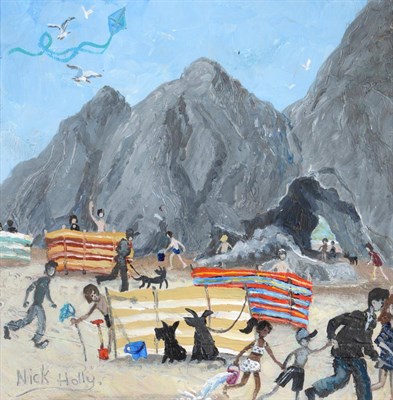 Lot 2119 - Nick Holly (b.1968) Welsh 'Three Cliffs Bay, Swansea' Signed, oil on paper, 29cm by 28cm,...