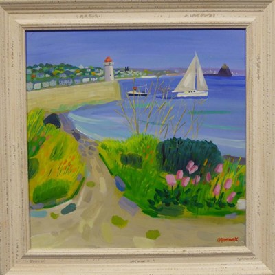 Lot 2120 - Alan Furneaux (Contemporary) Boats before a Cornish lighthouse Signed, acrylic on board, 36.5cm...