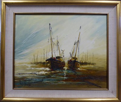 Lot 2123 - Ben Maile (b.1922) Moored fishing boats Signed, oil on canvas, 40cm by 50cm   Artists' Resale...