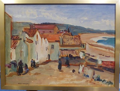 Lot 2126 - Philip Naviasky (1894-1983)  Figures before a seaside village Signed, oil on canvas board, 37cm...