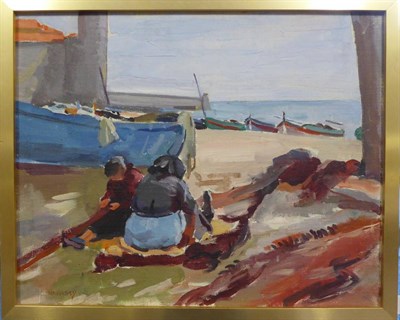 Lot 2127 - Philip Naviasky (1894-1983)  Mending nets Signed, oil on canvas board, 39.5cm by 49.5cm...