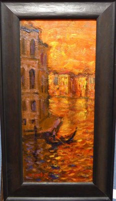 Lot 2130 - John Mackie (b.1955) Lone Gondolier on a canal at sunset Signed, oil on board, 39.5cm by 17.5cm...