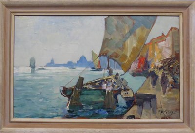 Lot 2132 - Knut Norman (1896-1977) Swedish Figures before a sail boat on the lagoon, Venice Signed, oil on...