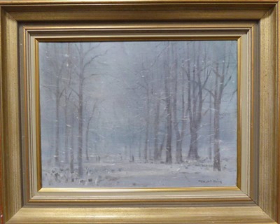 Lot 2142 - Robert King RSMA, RI (b.1936) Snow Storm, Victoria Park, Leicester  Signed, oil on canvas, 29cm...