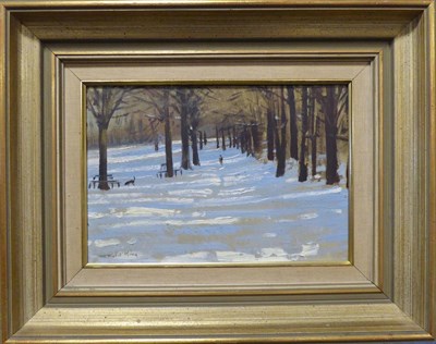 Lot 2143 - Robert King RSMA, RI (b.1936) Figure walking a dog in the snow, Victoria Park, Leicester...