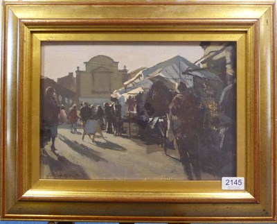 Lot 2145 - Gillian Roberts (Contemporary) A corner of Wetherby Market Signed, oil on board, 24.5cm by 34cm...