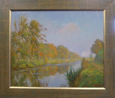 Lot 2146 - Johan Meijer (1885-1970) Dutch River landscape Signed, oil on canvas, 49cm by 59cm  Artists' Resale