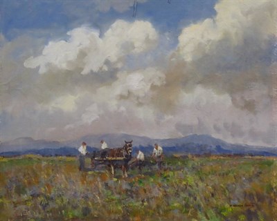 Lot 2151 - William Norman Gaunt FIAL, NDD (1918-2001) Landscape with farmers and a horse and cart  Signed, oil