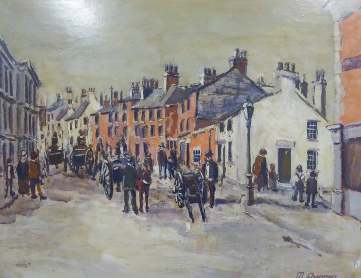 Lot 2153 - Margaret Chapman (1940-2000) Street scene with horse and carts Signed, oil on board, 61cm by...