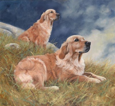 Lot 2166 - John Trickett (b.1952) Two golden retrievers in a landscape Signed, oil on canvas, 65cm by 70cm...