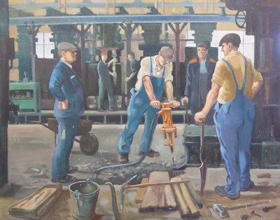 Lot 2182 - Tom Byrne (20th/21st century) 'The Heavy Gang' Signed, inscribed verso, oil on board, 63cm by...