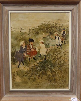 Lot 2184 - Margaret Chapman (1940-2000) Blackberry picking Signed and dated (19)72, oil on board, 49cm by 38cm