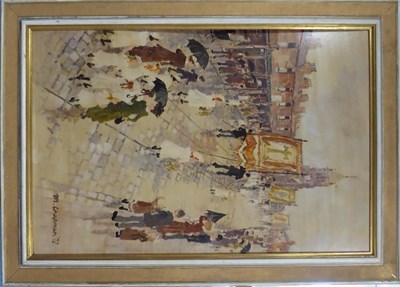 Lot 2185 - Margaret Chapman (1940-2000) Street scene with a procession Signed and dated (19)72, oil on...