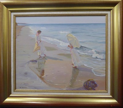 Lot 2193 - Felix Serra (b.1941) Spanish Two elegant ladies on a beach Signed, oil on canvas, 59cm by 71cm...