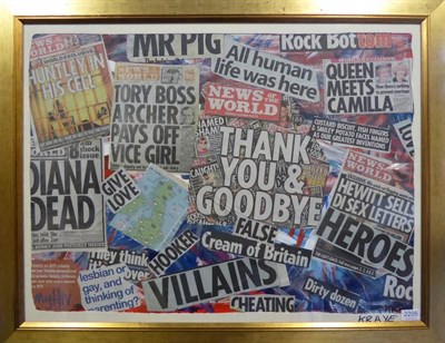 Lot 2205 - Sasha Kraye (b.1965) 'News of the World' Signed, newspaper collage, 56cm by 67cm  Artists'...