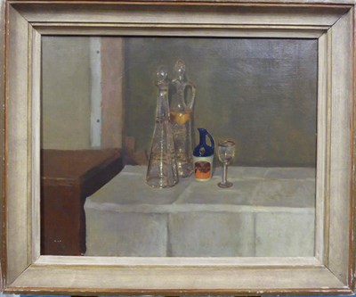 Lot 2209 - Circle of William Nicholson (20th century) Still life of two glass decanters, a jug and a glass...