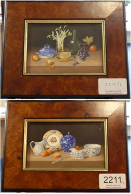 Lot 2211 - Enid Clarke RMS (Contemporary) 'Still Life with Cheese and Celery' 'Blue and White China and...