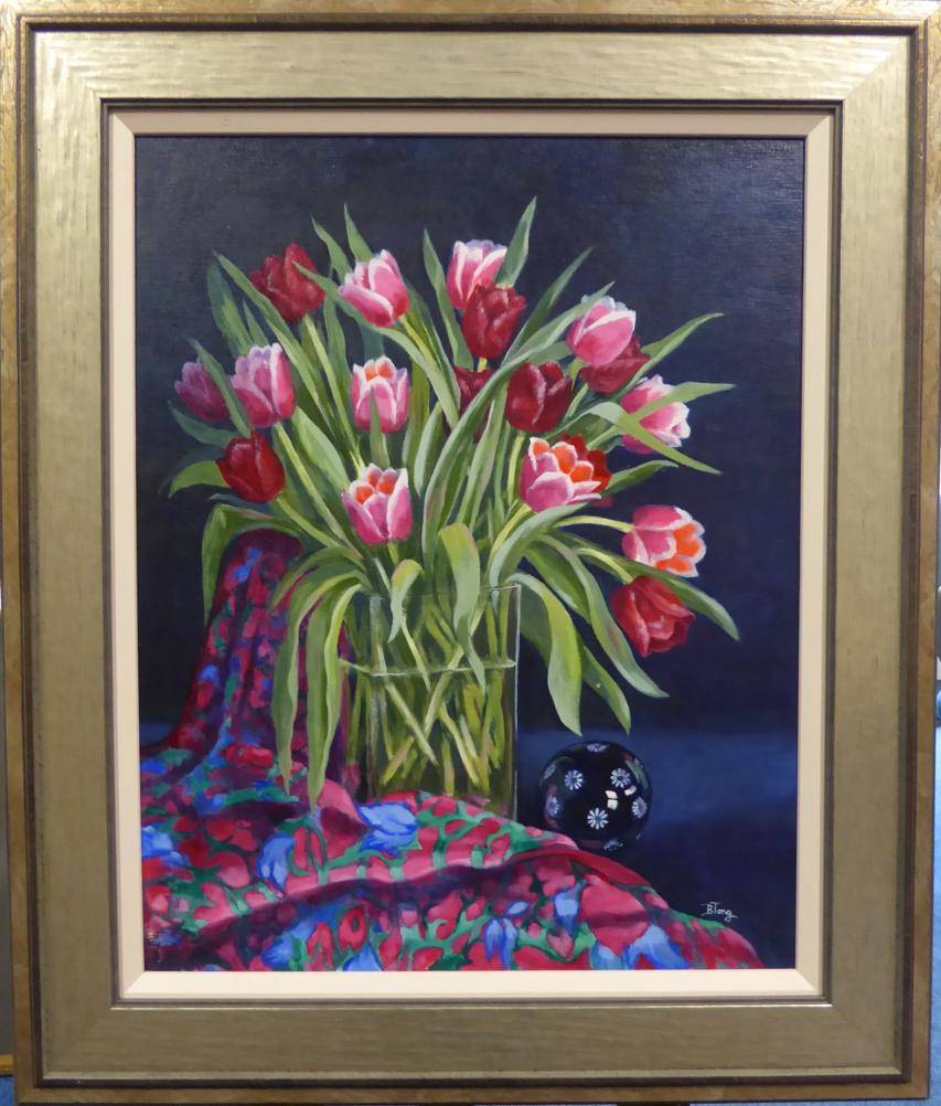 Lot 2214 - Belinda Tong SWA (Contemporary) 'Ceramic Ball with Tulips' Signed, oil on board, 50cm by 39.5cm...