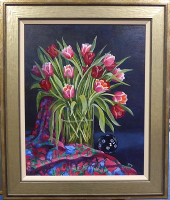 Lot 2214 - Belinda Tong SWA (Contemporary) 'Ceramic Ball with Tulips' Signed, oil on board, 50cm by 39.5cm...