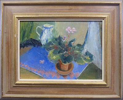 Lot 2216 - Noel Slaney RSW (1915-2000) Scottish 'African Violets' Signed, oil on board, 24.5cm by 34.5cm...