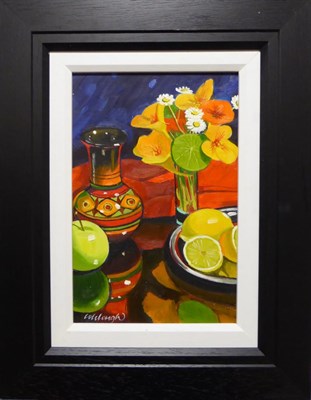 Lot 2219 - Frank Colclough (Contemporary) Scottish Still life of lemons, flowers, a geometric vase and an...