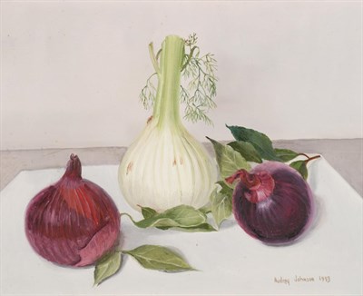 Lot 2224 - Audrey Johnson (1918-2010) Still life of white and red onions Signed and dated 1993, oil on...