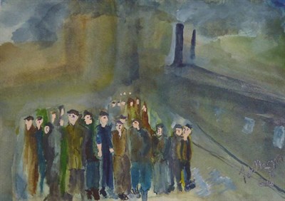 Lot 2058 - John Thompson (1924-2011) Group of figures before smoking chimneys Signed, inscribed G2049,...