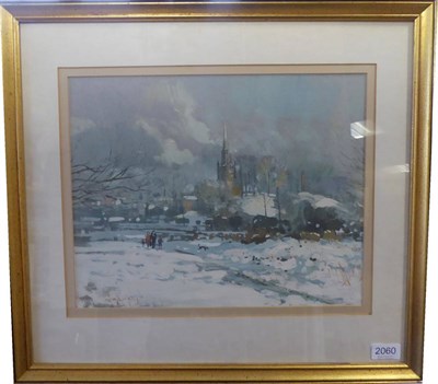 Lot 2060 - Robert King RSMA, RI (b.1936) Leicester Cathedral Garden in the snow Signed, gouache, 30cm by 38cm