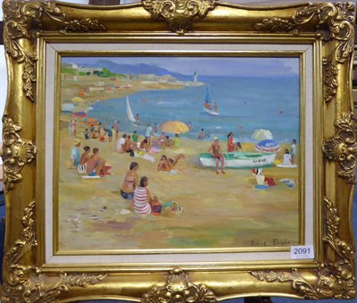 Lot 2091 - Irene Pagès (b.1934) French Figures and boats on a beach Signed, oil on canvas, 31.5cm by 39.5cm