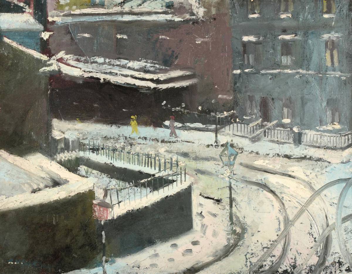 Lot 2109 - Robert Henderson Blyth (1919-1970) Scottish Figures in a snow covered street Signed, oil on...
