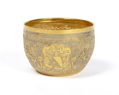 Lot 399 - A Burmese Gold Bowl, circa 1870, circular, finely chased with dancing figures on a dotted scale...