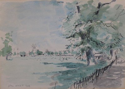 Lot 2042 - John Stanton Ward RA (1917-2007) A village green with church spire beyond Signed and dated...