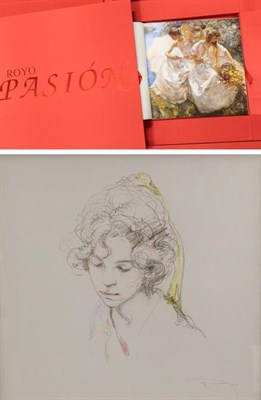 Lot 2047 - Jose Royo (b.1941) Spanish Study of a girl looking down Signed, pencil and coloured crayon,...