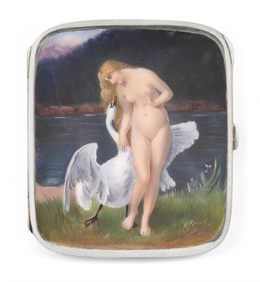 Lot 402 - A German Enamelled Cigarette Case, circa 1900, oblong with the cover depicting Leda and the...