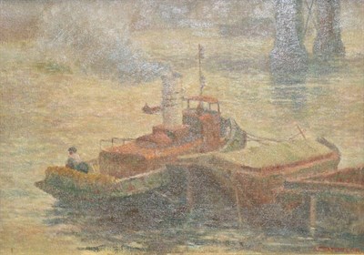 Lot 2063 - Bernard Phillip Batchelor (b.1924) 'Tugs and barges' Signed, inscribed on label verso, oil on...