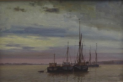 Lot 2065 - Kenneth Denton RSMA (b.1932) 'Dusk, river, Medway' Signed, signed and inscribed verso, oil on...