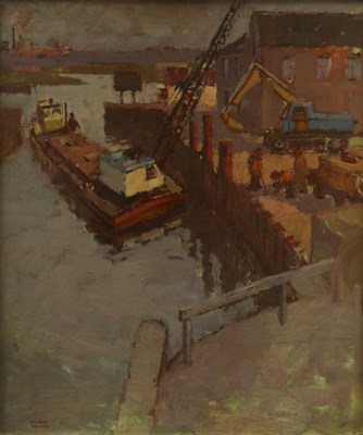 Lot 2067 - William Selby (b.1933) 'Ferrybridge Lock' Signed, signed and inscribed verso, oil on board, 69cm by